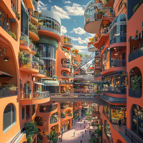 A surreal cityscape with a modern condo