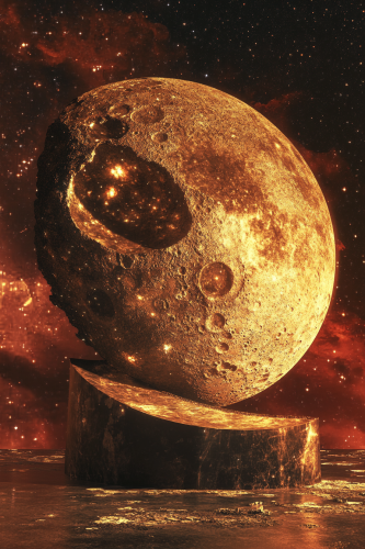 A surreal space fantasy featuring moonrise, sculpture, and stars.