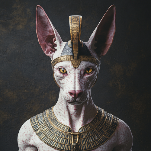 A symmetrical photo of white sphynx Anubis god