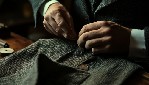 A tailor's hands sewing tweed jacket for Vogue.