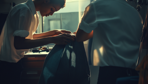 A tailor sewing pants for fancy Vogue photoshoot.