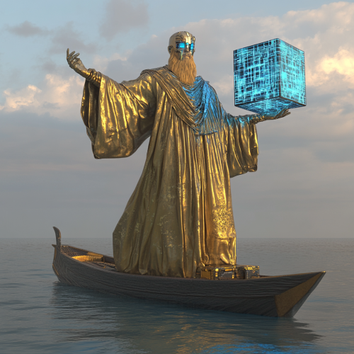A tall, gold man in cyberpunk outfit floats.