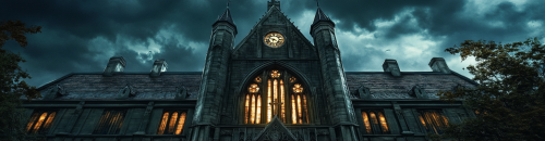 A tall gothic church on a gloomy day