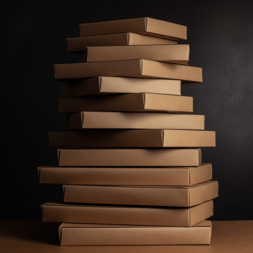 A tall tower of identical pizza boxes