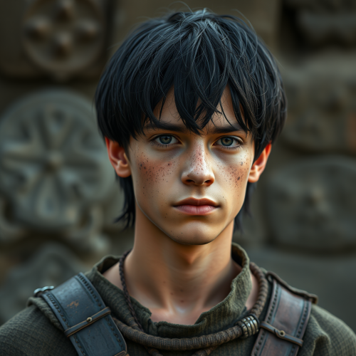 A teenage medieval boy with black hair and dirty face
