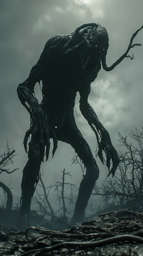 A terrifying creature in a dark, desolate landscape