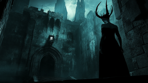 A terrifying woman with black horns in castle