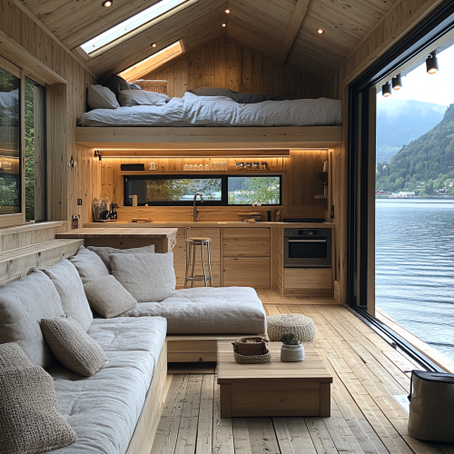 A tiny home with cozy interior on fjord