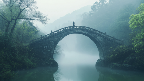 A tiny monk on ancient stone bridge in misty landscape