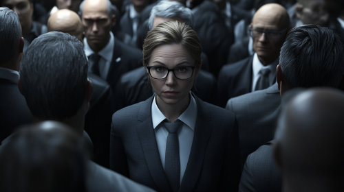 A tired executive woman in busy office scene