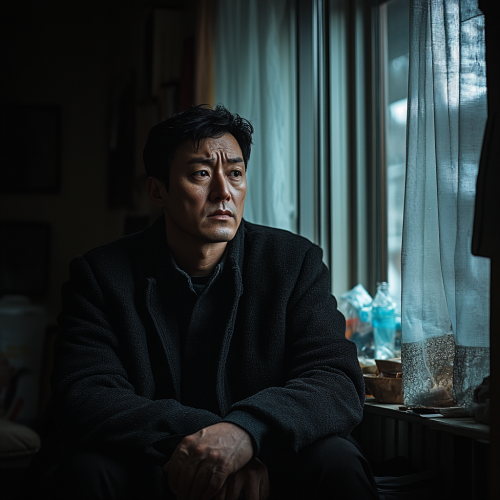 A tired Korean man looks out window in dim room