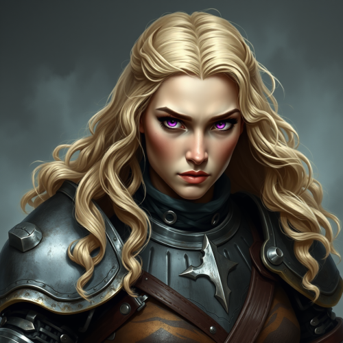 A tough medieval female warrior in full armor.