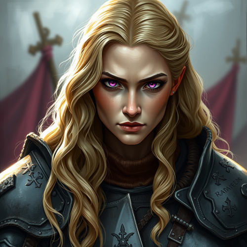 A tough medieval warrior woman with wavy blonde hair.
