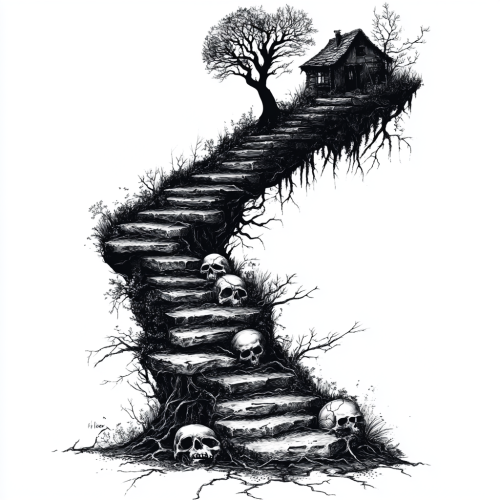 A treacherous staircase leads to forest and cave.