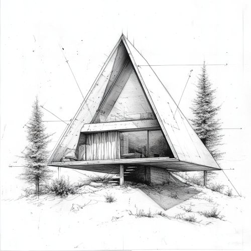 A triangle cabin with window curtains and mountain view. A triangle cabin with window curtains and mountain view.