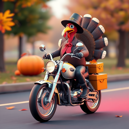 A turkey riding a motorcycle for Thanksgiving.