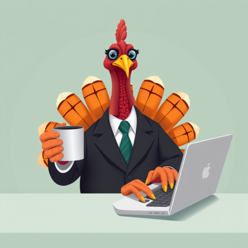 A turkey working in office on laptop screen.