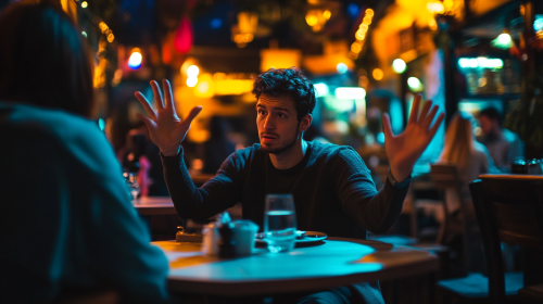 A unhappy customer waves hand for waiter's attention