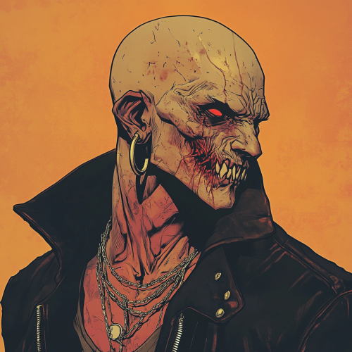 A vampire with bald head, pimples, and earrings.