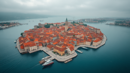 A view of a medieval harbor city.