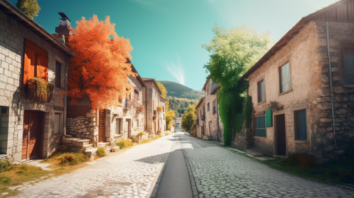 A village and street meeting in vibrant landscape