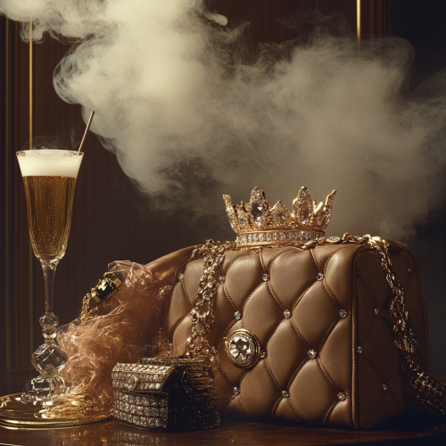 A vintage image of diamonds, gold crown, handbag, champagne. A vintage image of diamonds, gold crown, handbag, champagne.