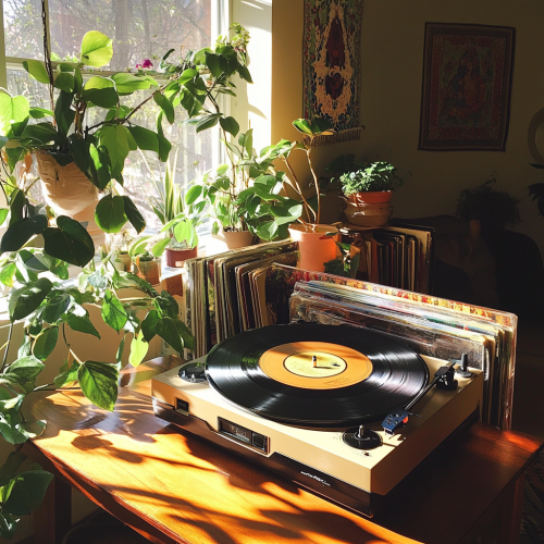 A vintage record player on wooden table.