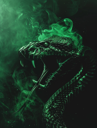 A viper snake coils around a skull, emitting mist