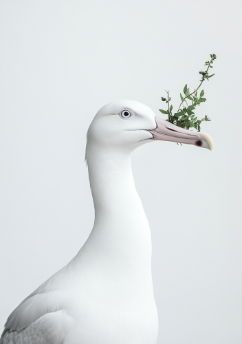 A white albatross holding small greenery in beak.