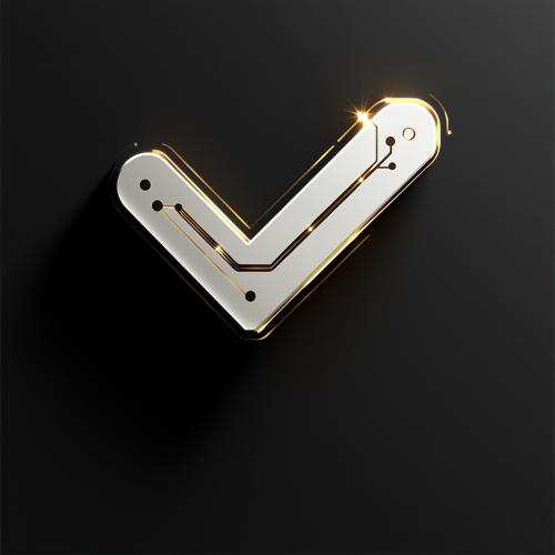 A white and gold check mark on black.