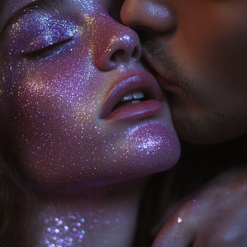 A white guy kisses glittery girl on neck