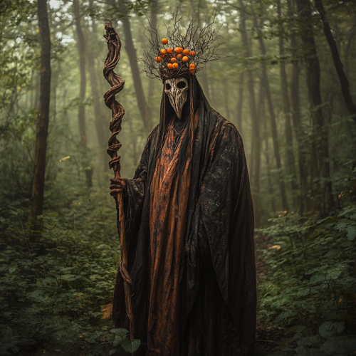 A wise sorcerer in mystical forest with lanterns