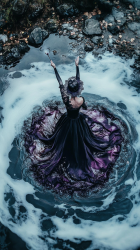 A witch rising from purple and white lake.