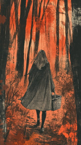 A witch walking in autumn forest with cloak