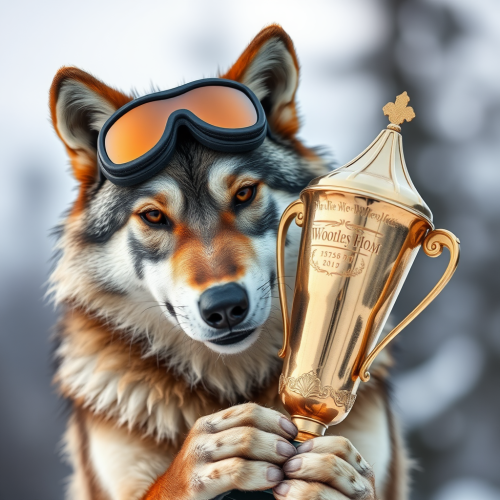 A wolf with goggles relaxes with its trophy.