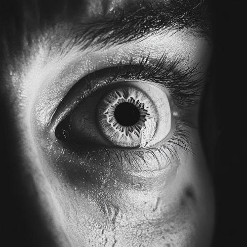 A woman's eye wide open in a glitchy picture.