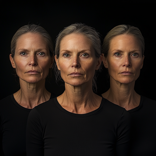 A woman ages gracefully through three portraits.