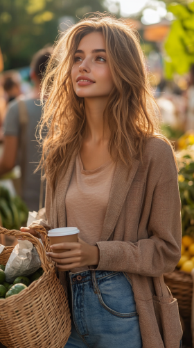 A woman at the farmers market in morning
