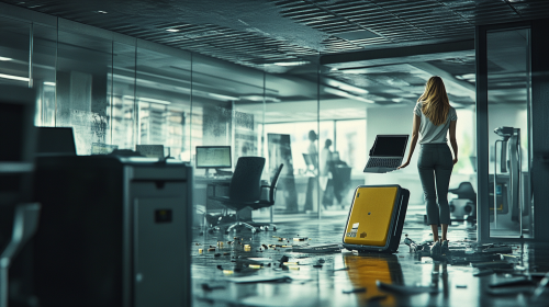 A woman breaks laptop with coworkers in line