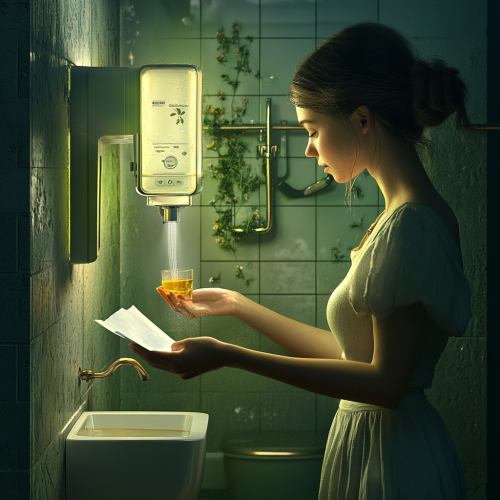 A woman catches spray from toilet dispenser