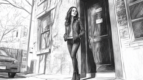 A woman exiting a building in pencil drawing