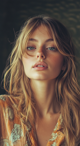 A woman in 1970s clothes looks at camera.