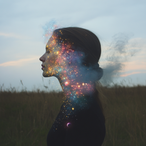 A woman in a field with stars emanating