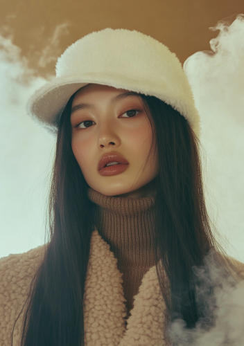 A woman in a hat and sweater in foggy setting