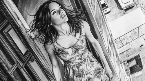 A woman in a summer dress leaving an apartment