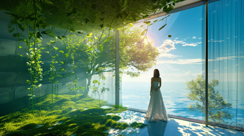 A woman in blue dress by window amidst nature