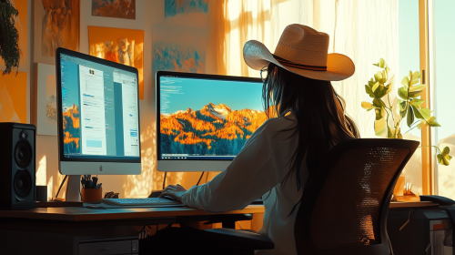 A woman in cowboy hat at desk with screens.