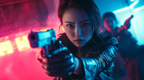 A woman in leather jacket shoots thugs in club