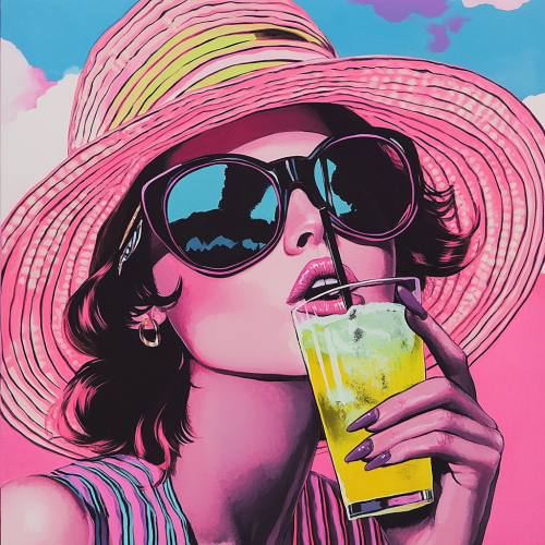 A woman in pink hat sipping lemonade, 80s style