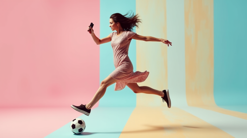 A woman jumping with soccer ball in dress.